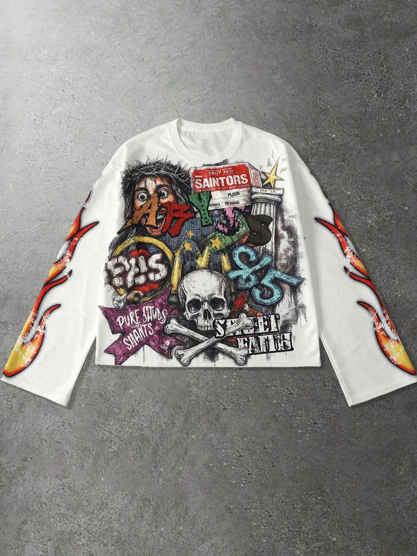 Men’s Loose Fit Long Sleeve Shirt, Punk Skull Letter Collage Flame Sleeve Printed Casual Top, Comfort Street Apparel For Urban Daily Style And Bar Party Eventsy Style