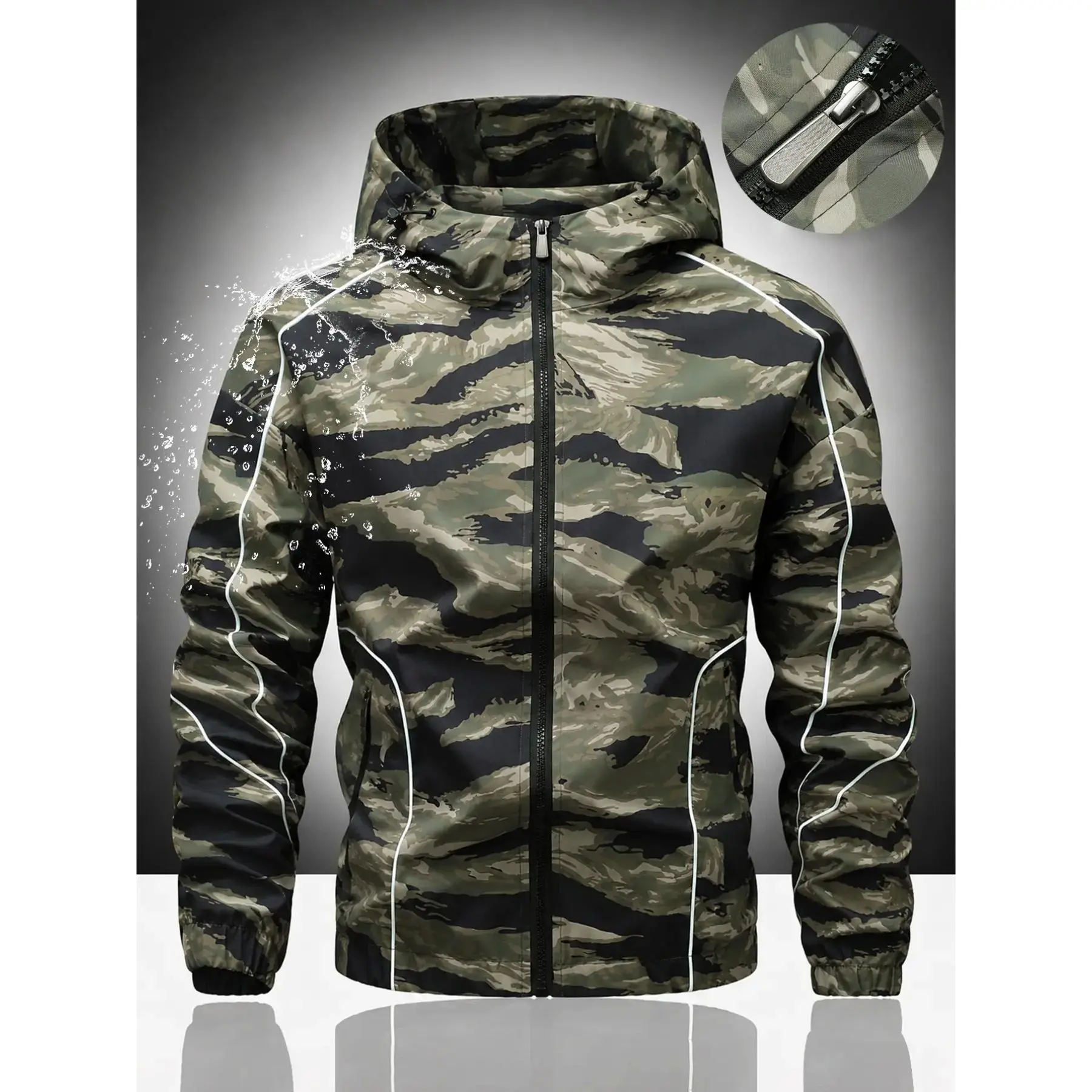 Camouflage Men's Hooded Engineered Jacket with Color Block Lines, Zip Closure, Dual Lock Buckle Drawstring Hood, Practical Side Pockets, Durable Workwear Outdoor Fashion, Casual Travel