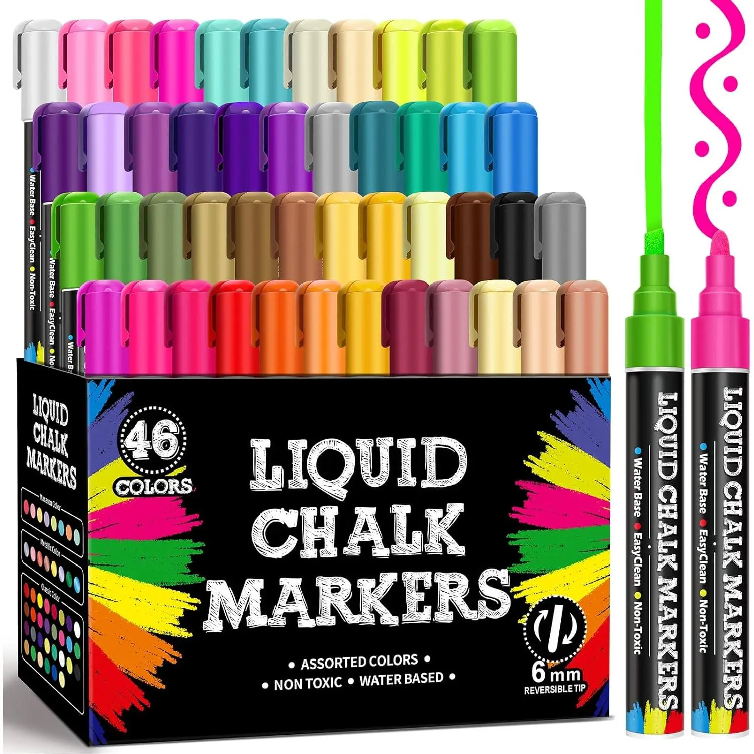 46 Colors Liquid Chalk Markers, Dust-Free Erasable Pens for Blackboards, Chalk Markers for Chalkboard, Windows, Glass, Mirror,  Dry Erase Board, 6mm Reversible  & Chisel Tip