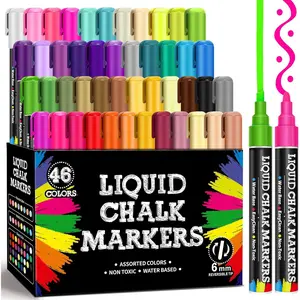 46 Colors Liquid Chalk Markers, Dust-Free Erasable Pens for Blackboards, Chalk Markers for Chalkboard, Windows, Glass, Mirror,  Dry Erase Board, 6mm Reversible  & Chisel Tip