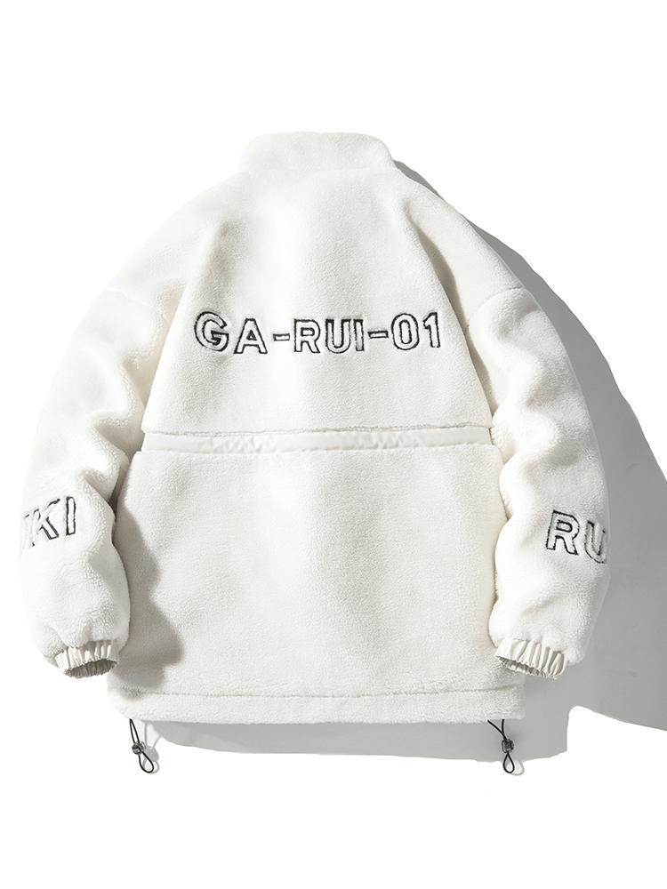 Men's stand collar lambskin embroidered warm cotton clothing Large loose casual fleece thick coat American street style letter embroidery fleece jacket