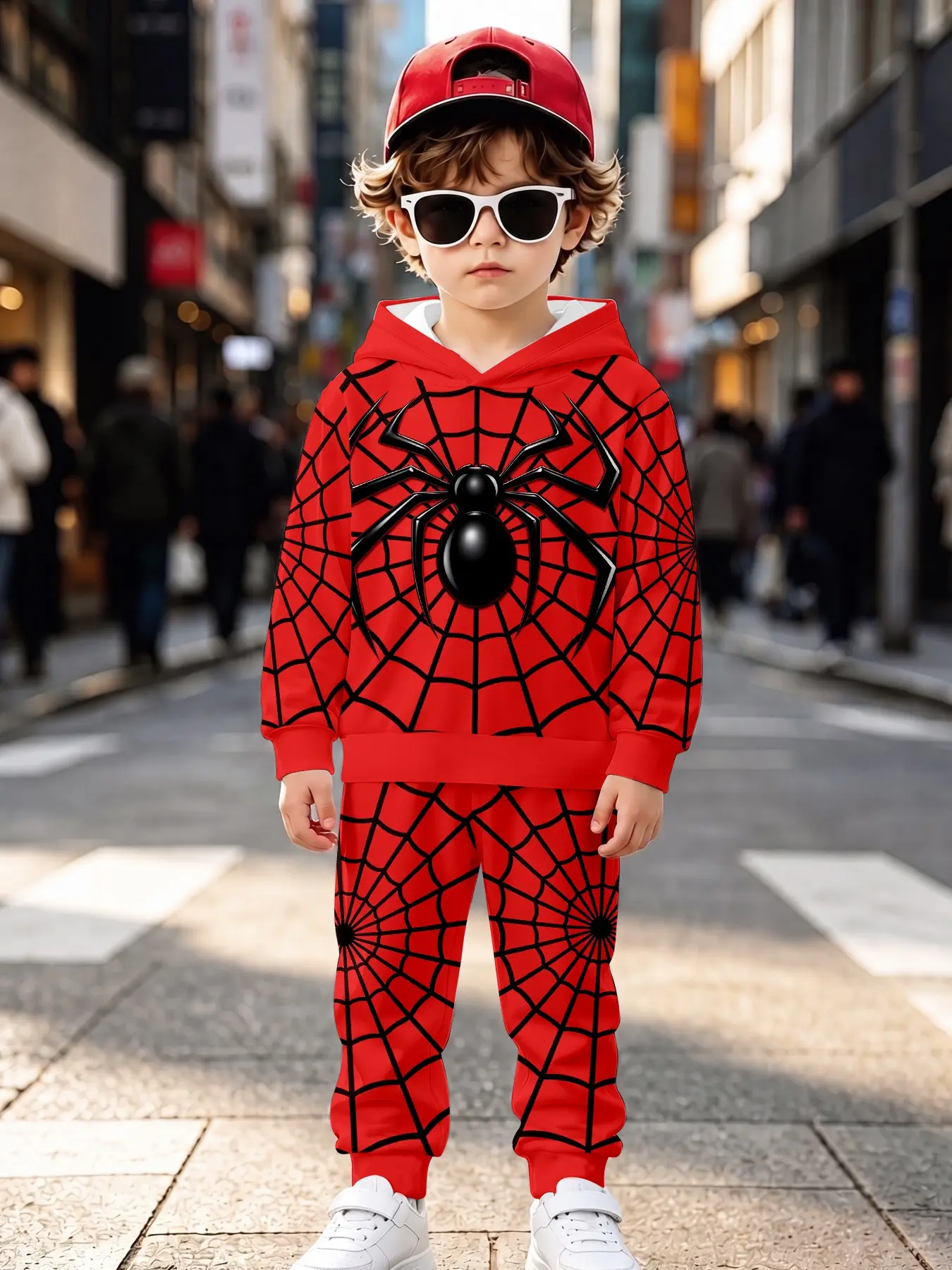 Boys' Spider Web Print Hoodie and Pants Set, Long Sleeve Loose-Fit Casual, Outfit Sets, Fall & Winter Wear, H-Type Silhouette