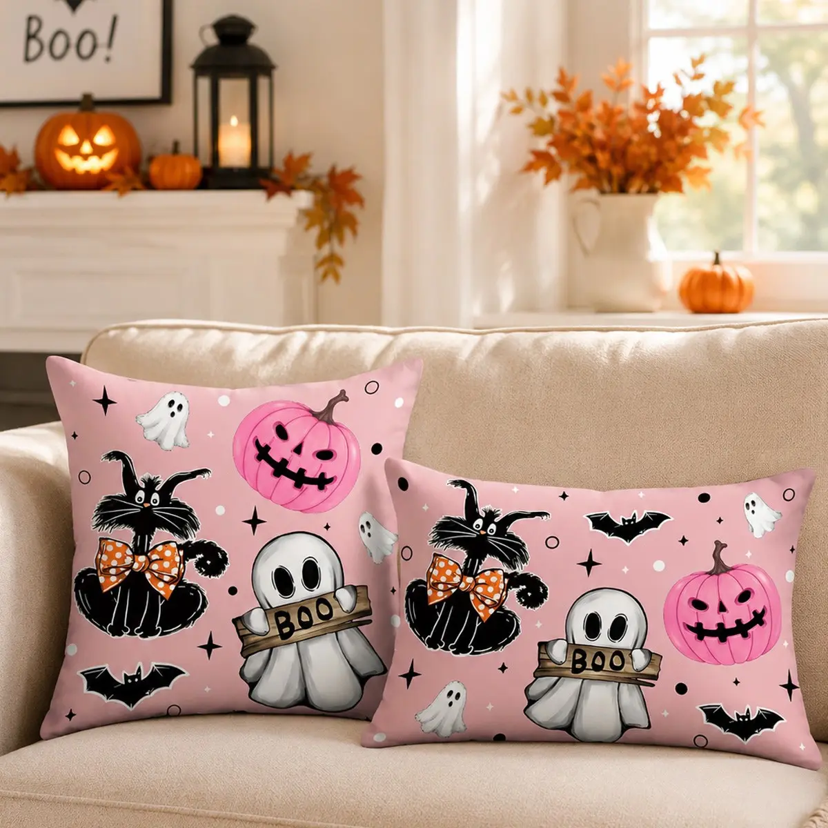 2-piece pink Halloween festive pillowcase with cartoon ghost, black cat, pumpkin, and bat print for sofa cushions. Pillow insert not included. Suitable for Halloween home decorations and as decorative pillows for sofas and bedrooms.