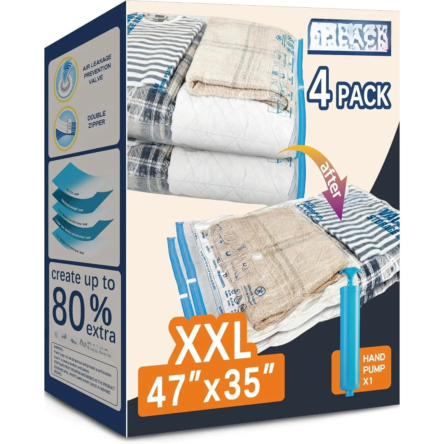 XXL  Vacuum  Bags, for Blanket, Bedding, Comforters | ''X35'' , Save 80% Space, Extra Thick, Clear, 4 pack