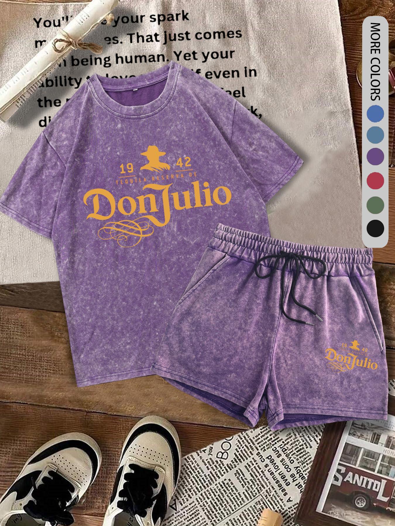 Two-Piece Set Women's Donjulio1942 Letter Print Short Sleeve Tee & Shorts Set, Casual Round Neck T-shirt & Track Shorts, Summer Clothes for Daily Wear, Suits, Lounge Shorts Set
