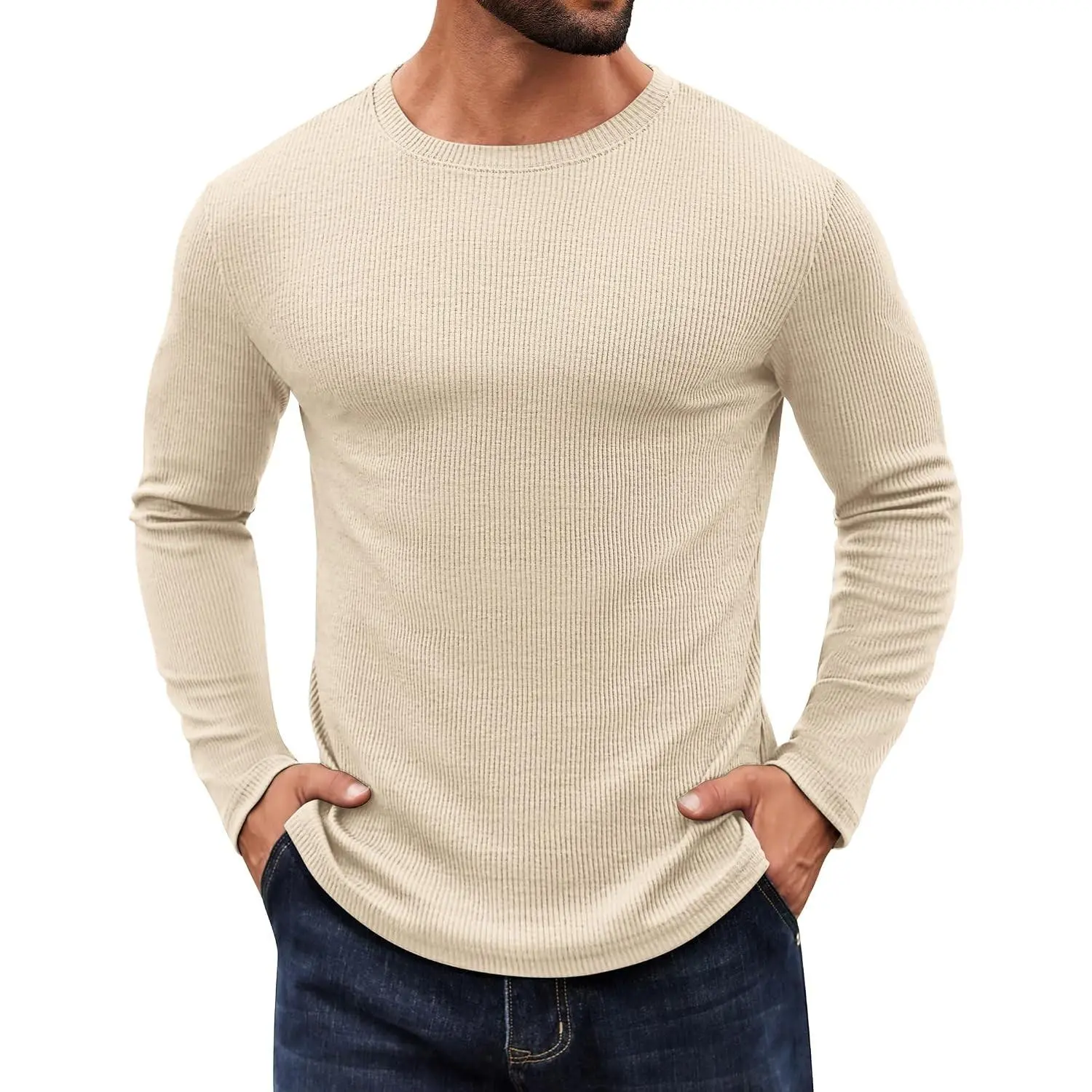 Crewneck Sweaters for Men Slim Fit Long Sleeve Pullover Sweater Ribbed Knitted Lightweight Tops