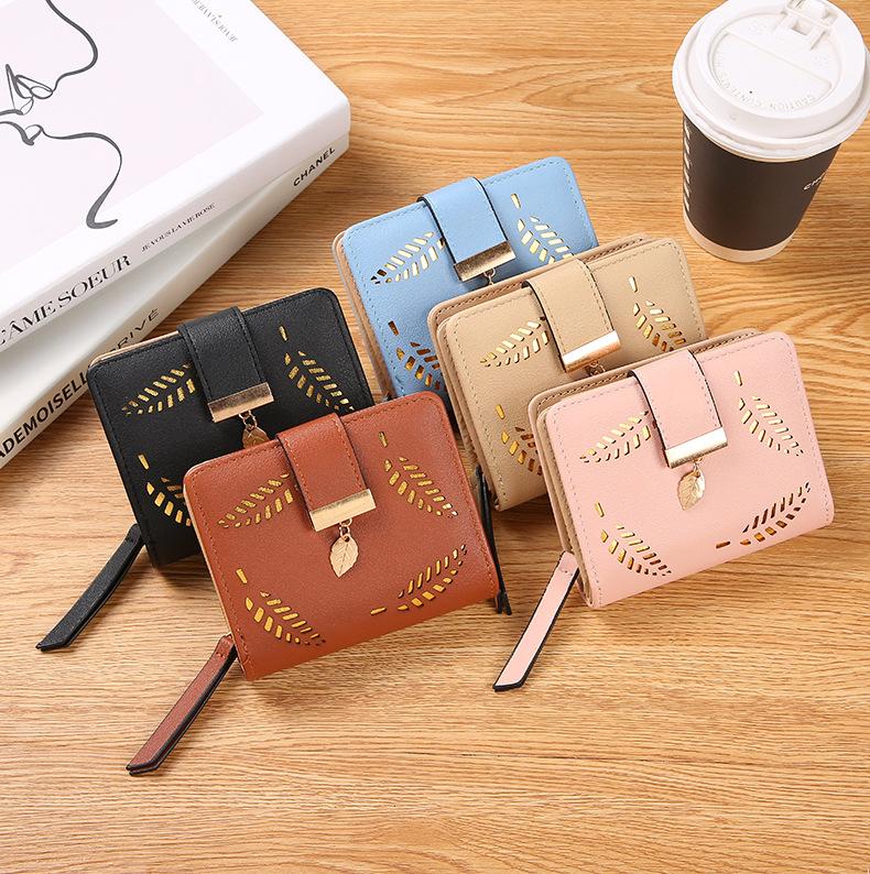 Leaf Short Wallet for Women Korean Style Hollowed Out Fashion Trend Change Zipper Card Bag PUCortical Embossed Leather Daily Matching