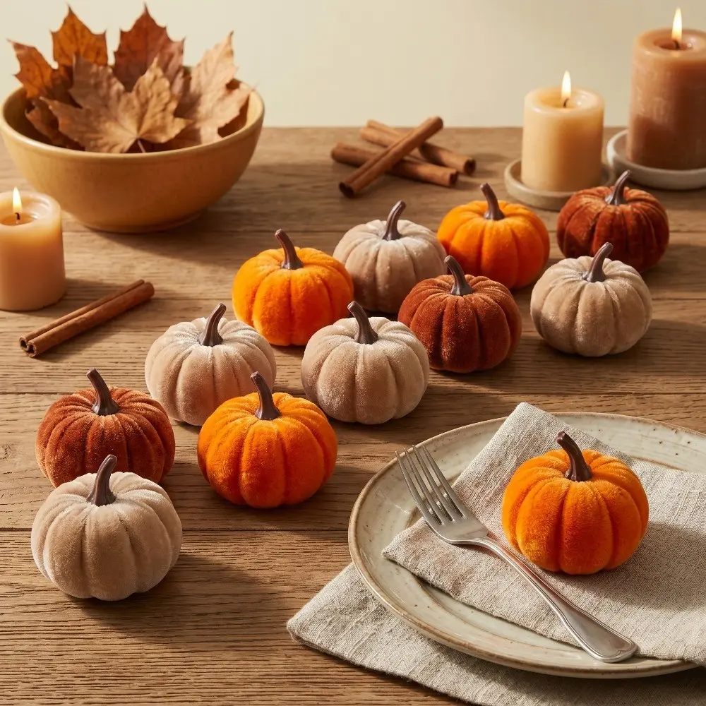 Artificial Velvet Pumpkin Decoration for Autumn Harvest Party and Holiday Table Settings, Perfect for Halloween Thanksgiving Wedding Decor