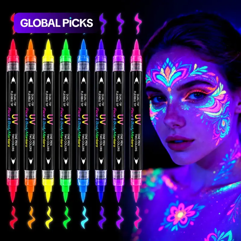 Glow-in-the-Dark Face Paint Markers, 8 Pack 16 Colors, Black Light Neon Body Paint Set, Body Paint Pens for Skin, Washable UV Temporary Tattoo, for Birthday Glow Party, Halloween Makeup & Easter Basket Stuffers, Versatile Usage #GLOBAL PICKS