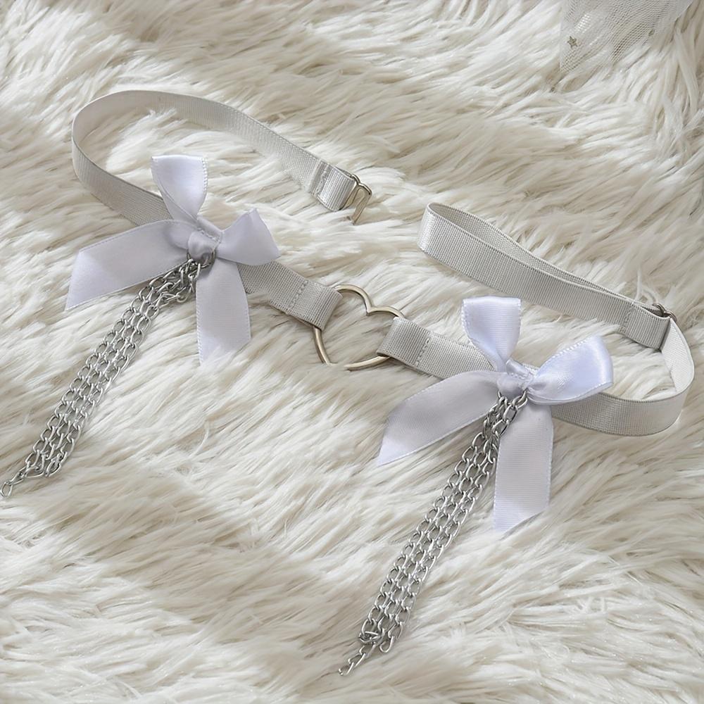 Women's Wedding Garter with White Bow, Tassel, Body Chain, Heart-Shaped Ring, Adjustable Body Harness for Dance Carnival Costume Accessories