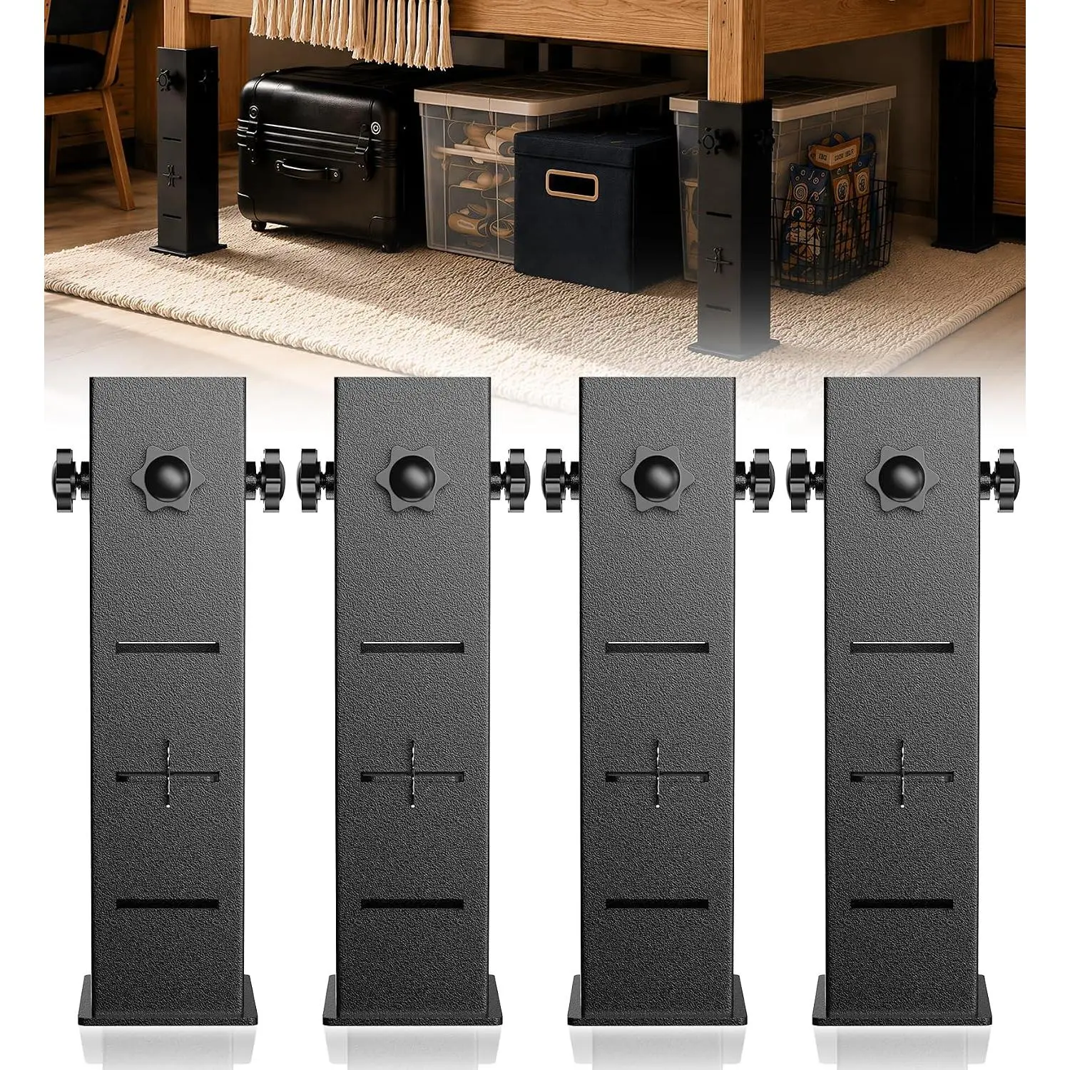 College Dorm Bed Risers Heavy Duty Extra Tall - 2/4/6" Aadjustable Height, Thickened Steel Bed Risers Fit Bed Legs Up to 2.2", Wide Base Bed Extenders for Dorm, Metal Dorm Bed Lifting Kit