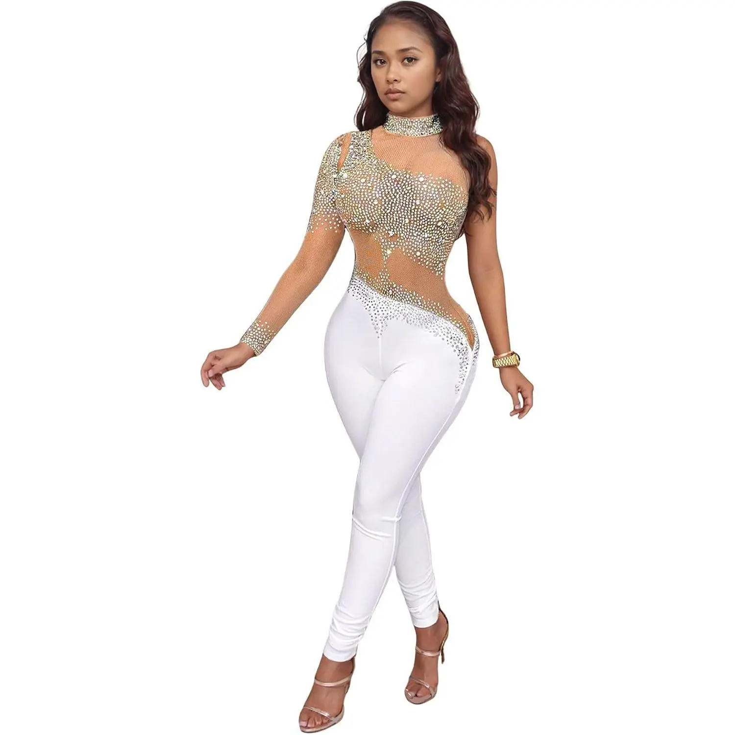 Women's Sparkly Rhinestone Mesh See-Through Polyester Bodycon Jumpsuit - Fashion Clothes Dress Garment for Party, Club Nights, Gorgeous