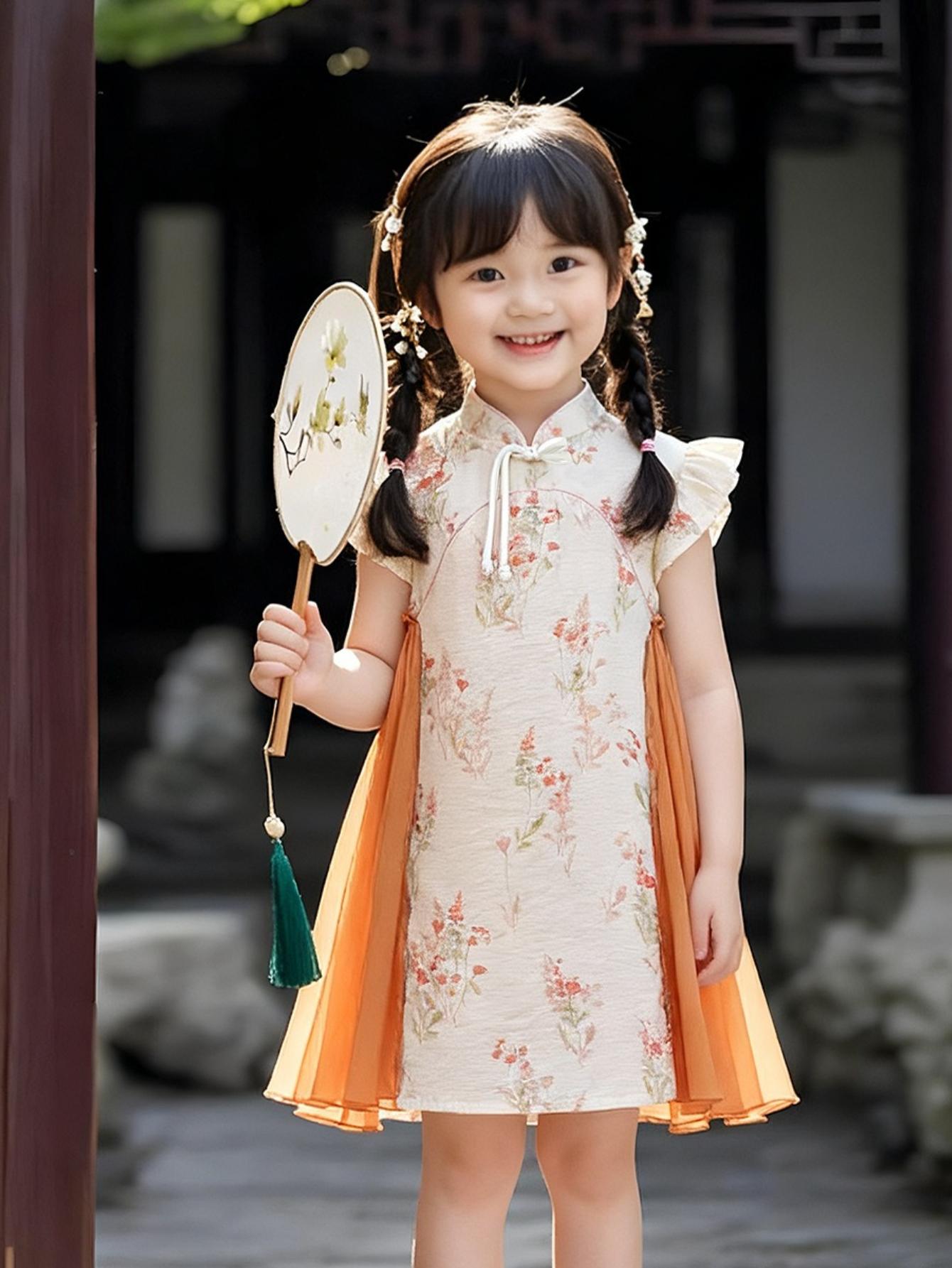 NewNew Cheongsam Dress for Girls Chinese Style Sleeveless Vest with Delicate Flutter Sleeves & Traditional Knot Buttons Ideal for Outdoor Events Festival Shows