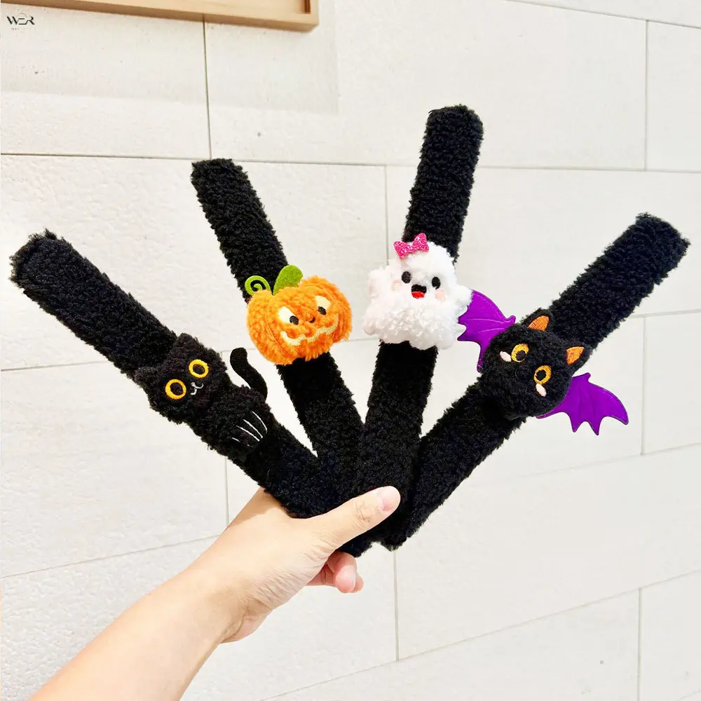24cm Halloween Plush Slap Bracelet, Black Curly Fuzzy Snap Wristband with Pumpkin Ghost Black Cat Purple Bat Plush Ornament, Cute Spooky Soft Flap Bracelet Kids Halloween Costume Accessory Trick Or Treat Party Favor Holiday Gift for Girls Boys