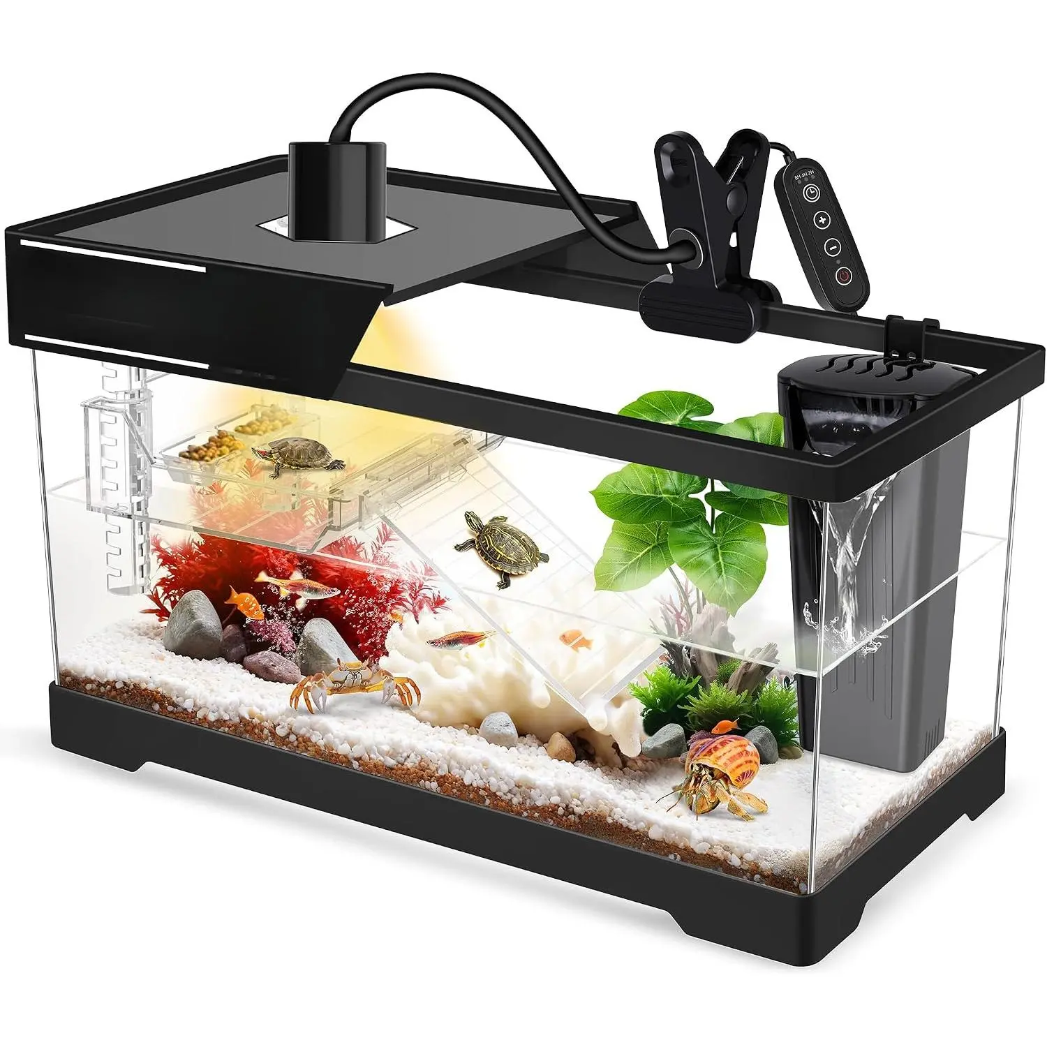 Black Aquatic Turtle Tank Kit (15.75*7.9*9in) for Small Reptiles - Adjustable Lamp, Water Filtration System, 360° Rotatable Fixtures, Reptile Habitat Lid, Hanging Platform