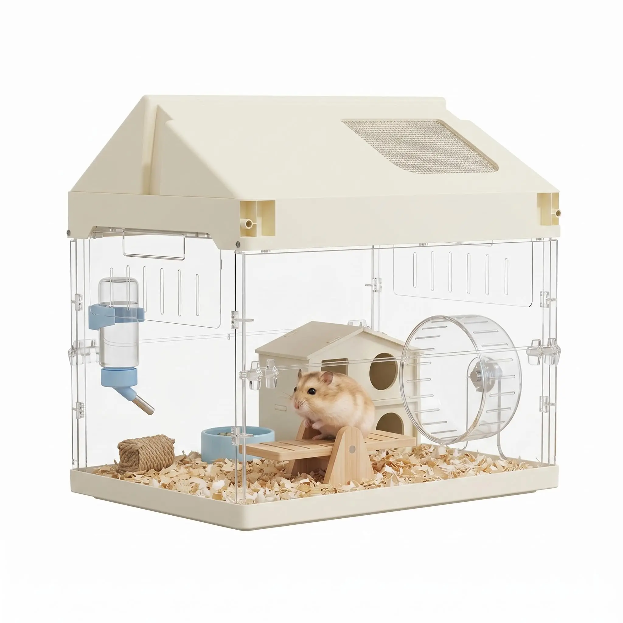 Chew-Proof Acrylic Hamster Cage Starter Kit – Large Habitat for Guinea Pig, Chinchilla, Hedgehog, Gerbil & Rat with Platform, Wheel, Water Bottle, Hideout & Bowl