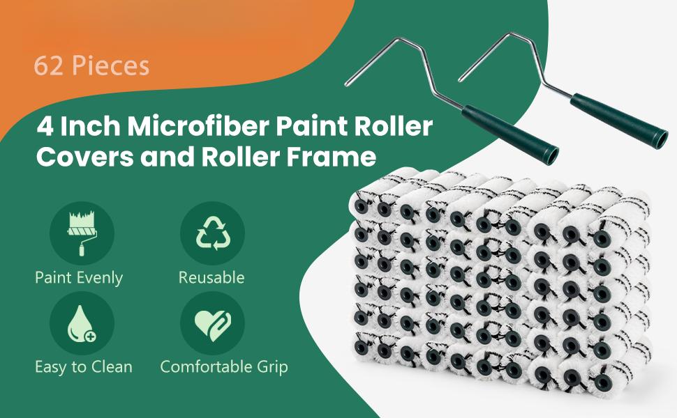 60 Pack 4 Inch Microfiber Paint Roller Covers with 2pcs Anti Rust Metal Roller Frames, Professional Grade Painting Tools for Walls, Ceilings, Furniture
