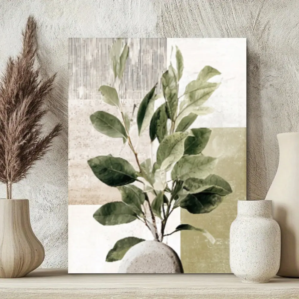Nordic Minimalist, Botanical Canvas Wall Art, Vintage Green Leaf Collage Print, Textured Matte Finish Gallery Wrap, Modern Living Room Bedroom Decor, 1 Piece Unframed