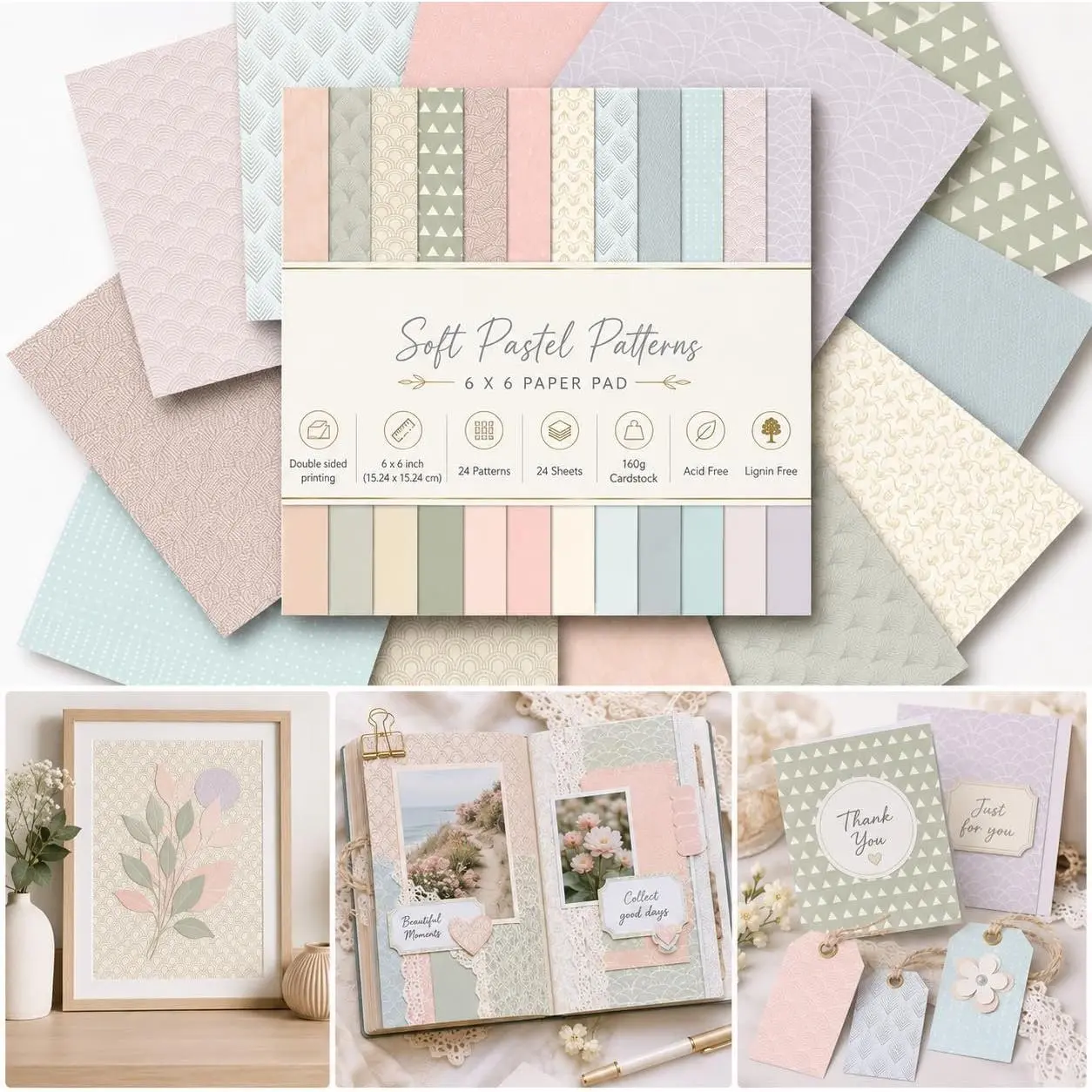 Geometric Patterned Paper Pad 6x6 Double Sided, Pastel Decorative Paper Pack - Craft Cardstock & Scrapbooking Supplies for Card Making, Junk Journal Ephemera, Mini Albums, 24 Sheets