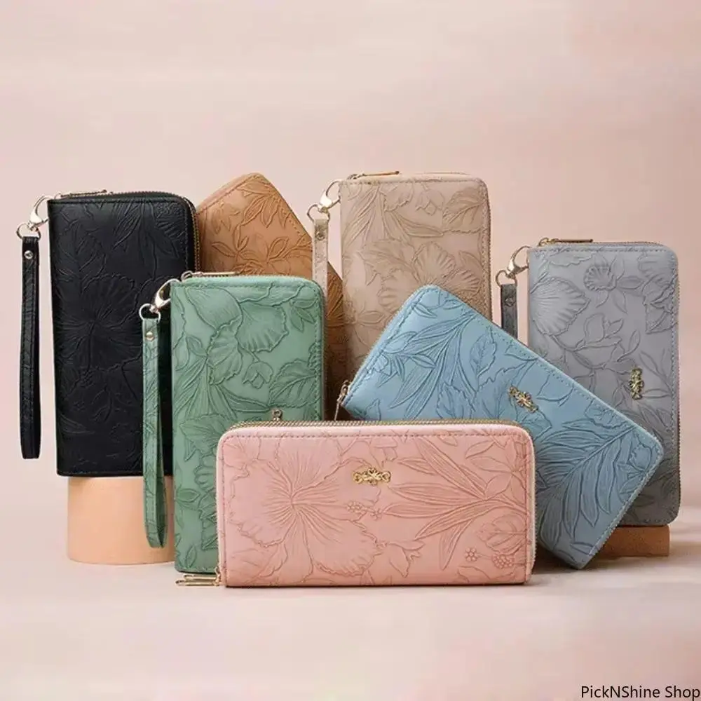 Women's Synthetic Embossed Floral Zip-Around Long Wallet - Clutch Purse with Wrist Strap, Multi-Card Slots, Zipper Coin Pocket, Bear Metal Charm, High-Capacity Card Holder for Daily Travel Gifts, Wallets
