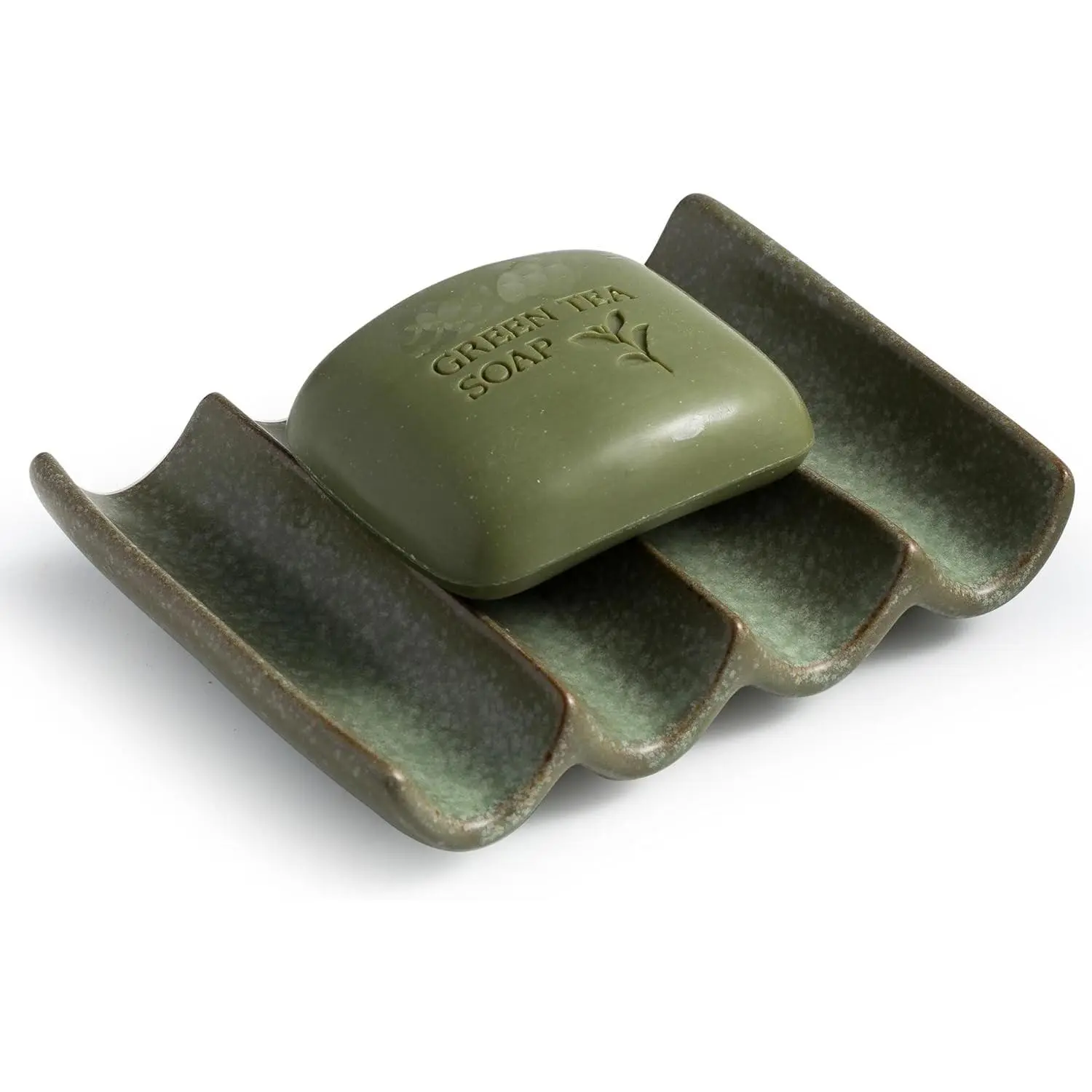 Green Fluted Design Ceramic Draining Soap Dish, Bar Soap Holder Soap Saver Sponge Lift for Shower & Bathroom