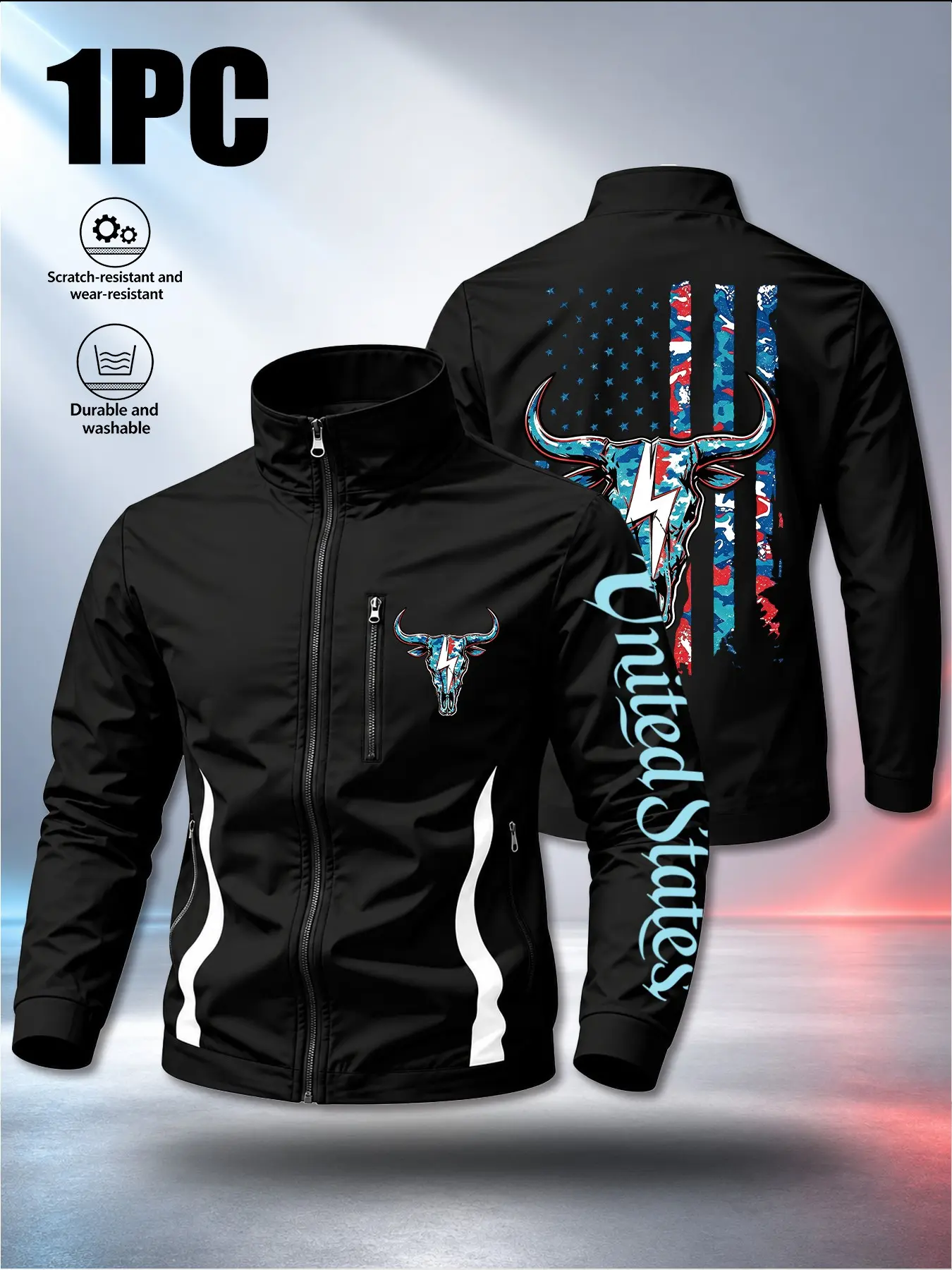 Men's Stand Collar Zipper Casual Jacket, Usa Flag Bull Print Sports Coat, Spring Fall Windproof, Daily Commute, Outdoor Wear
