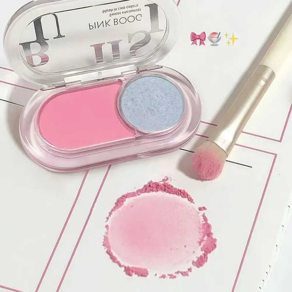 Sweet low-saturation cheek makeup duo blush palette with expand&shade cheek tones, sheer shimmer highlight and contour eyeshadow. Popular ins affordable glow makeup for daily and dating student looks