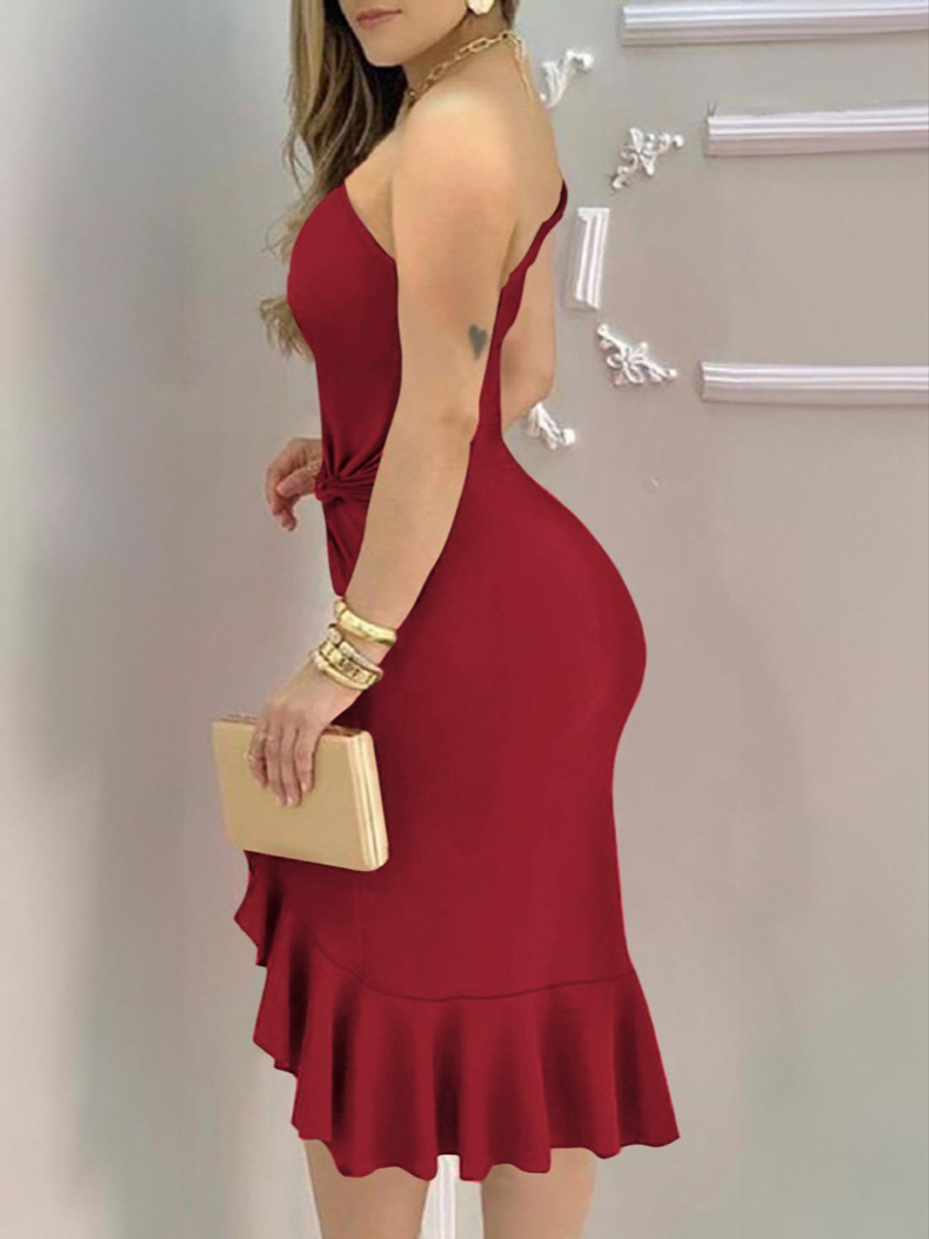 Women's Plain Twist Ruched Ruffle Hem One Shoulder Bodycon Dress, Elegant Sleeveless Split Thigh Midi Dress for Party Club Dating Wear, Ladies Summer Clothes, Formal Wear, Womenswear