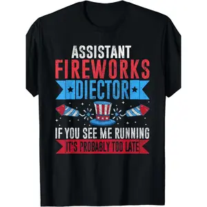 1pc Funny 4th of July Assistant Fireworks Director T-Shirt for Men - Patriotic Humorous Gift, Loose Fit Round Neck Casual Shirt with Fireworks Print, S-XXXL Sizes Suitable for BBQ Parties, Parades & Independence Day