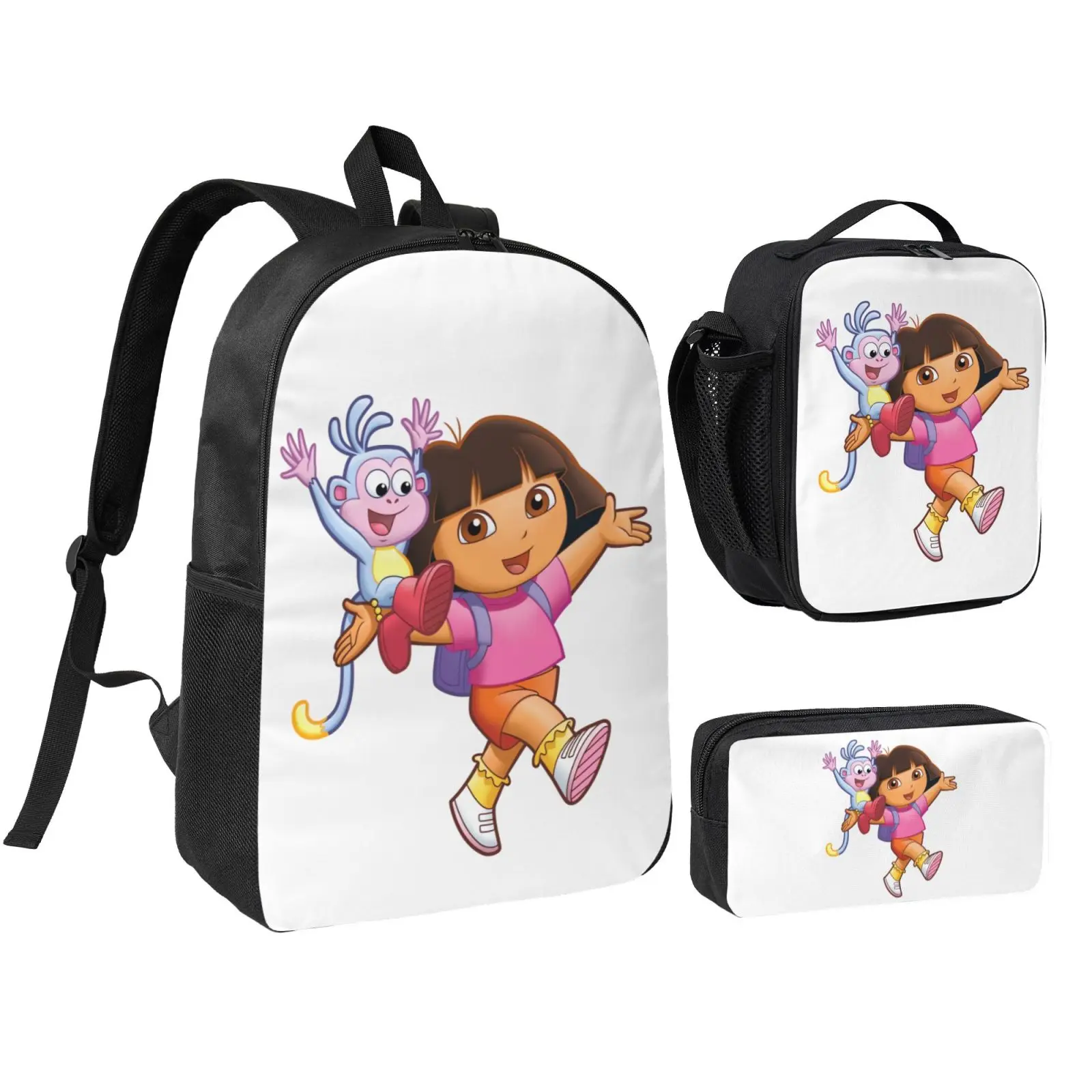 Unisex Dora The Explorer2 3Pcs Anime Backpack Set for Teen Boys Girls, Adjustable Strap School Bookbag with Insulated Lunch Bag & Pencil Case, Lightweight Daypack for School Travel Office