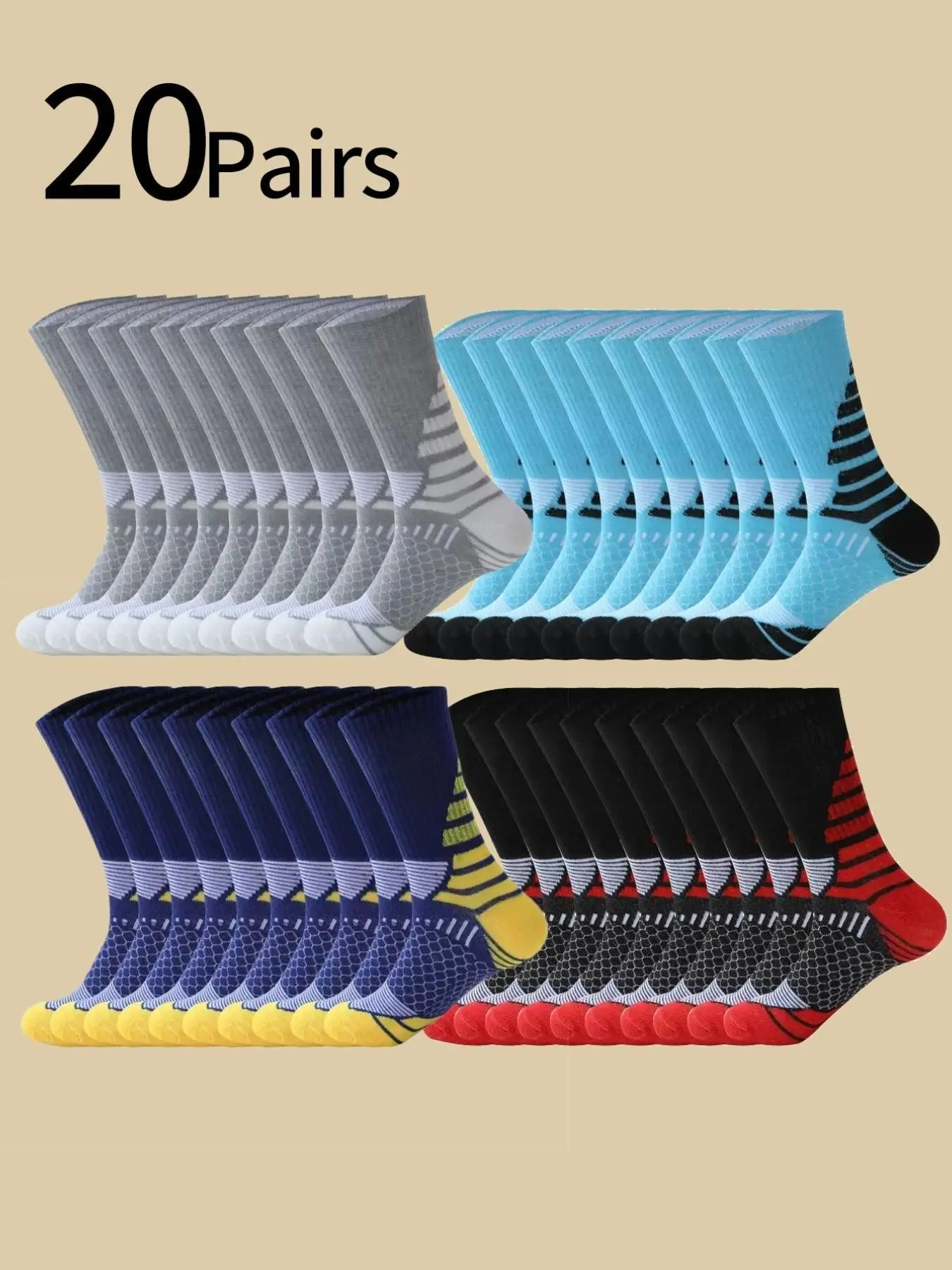 20 Pairs Men's Long Football Socks, Fashion Colorblock Sports Socks, Non-Slip Running Socks, Basketball Socks, Hiking Socks, Sweat-Wicking