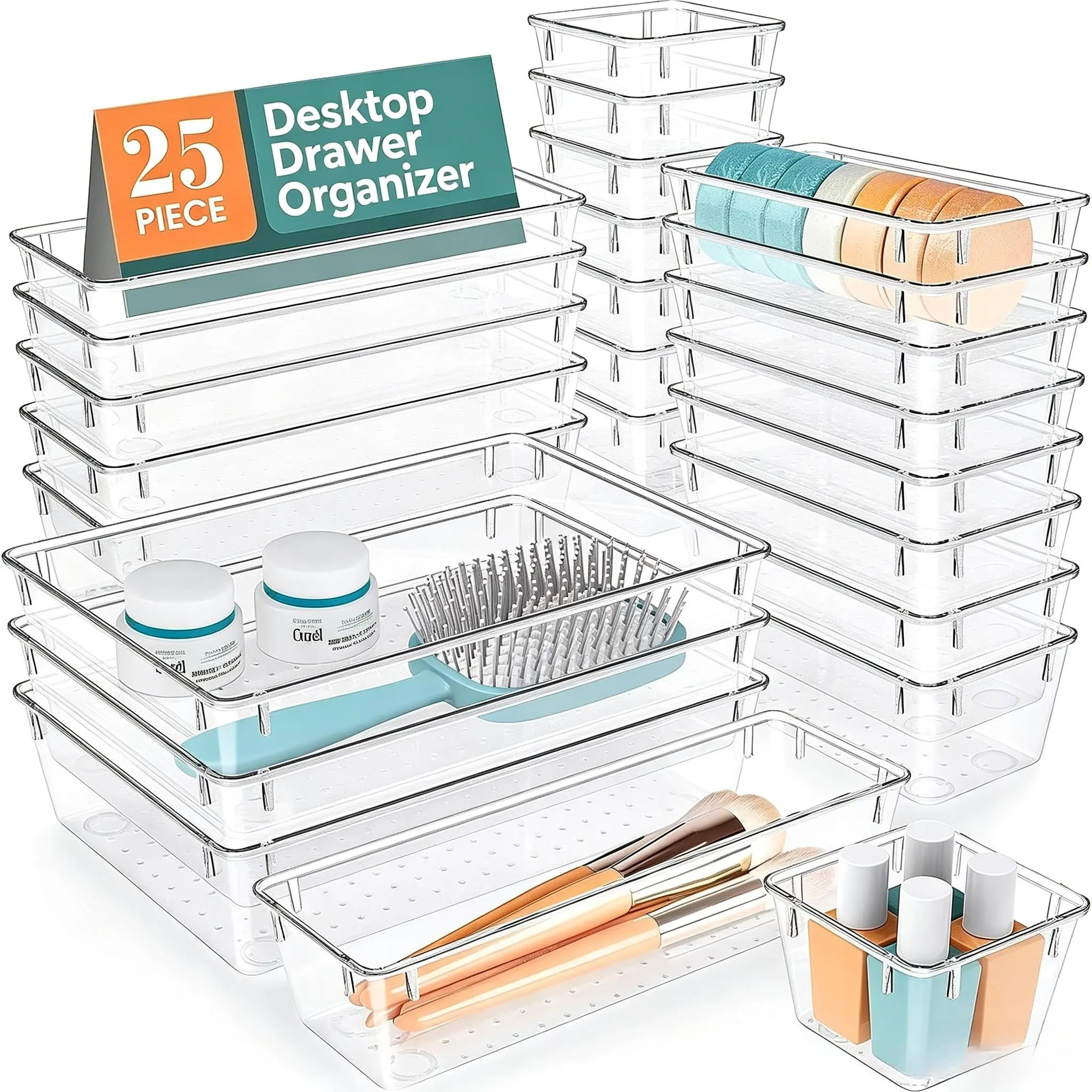 25 PCS Clear Plastic Drawer Organizer, Makeup Organizers and Storage Bins | 4 Sizes Desk Drawer Divider Organizers and Storage Bins for Makeup, Jewelry, Gadgets for Kitchen, Bedroom, Bathroom, Office