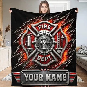 Custom Name Firefighter Flannel Throw Blanket, Personalized Fire Dept Badge Design with Axe Flame Emblem, Soft Cozy Warm Throw for Couch Bed Sofa, Fireman Graduation Birthday Gift for Him Dad Brother, Customizable Your Name Number Station Bedroom Decor