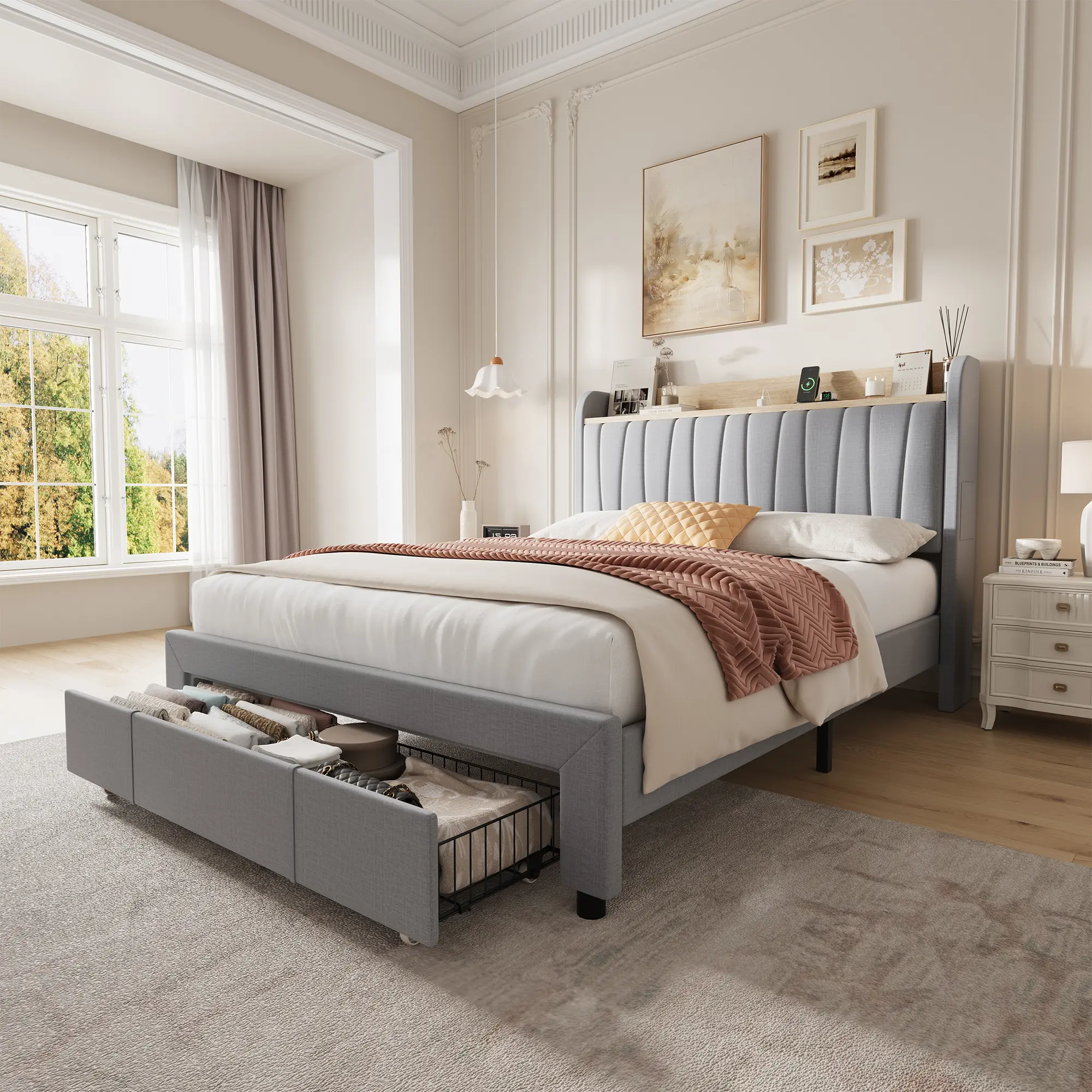 Upholstered Storage Bed Frame with Charging Headboard & Drawers, Platform Bed with USB Ports, No Box Spring Needed, 1000lb Capacity