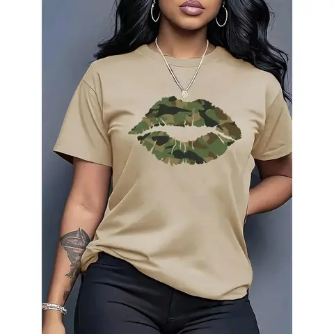 Women's Camouflage Lip Graphic T-Shirt, Crew Neck Short Sleeve Tee, Beige Cotton Casual Top Soft Cotton Everyday Wear Blend Statement Graphic Tee