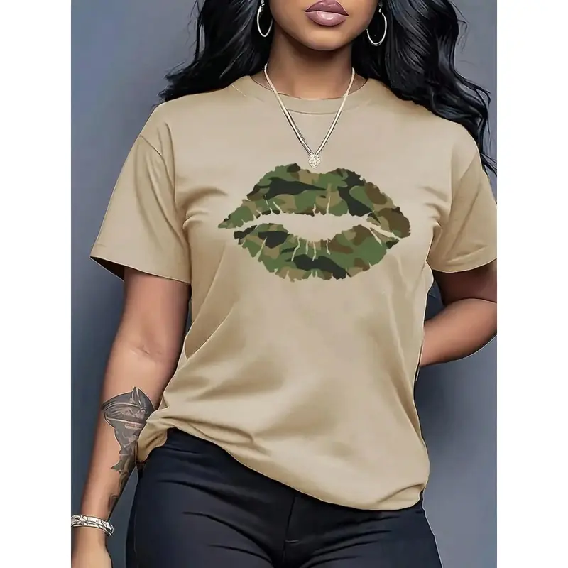 Women's Camouflage Lip Graphic T-Shirt, Crew Neck Short Sleeve Tee, Beige Cotton Casual Top Soft Cotton Everyday Wear Blend Statement Graphic Tee
