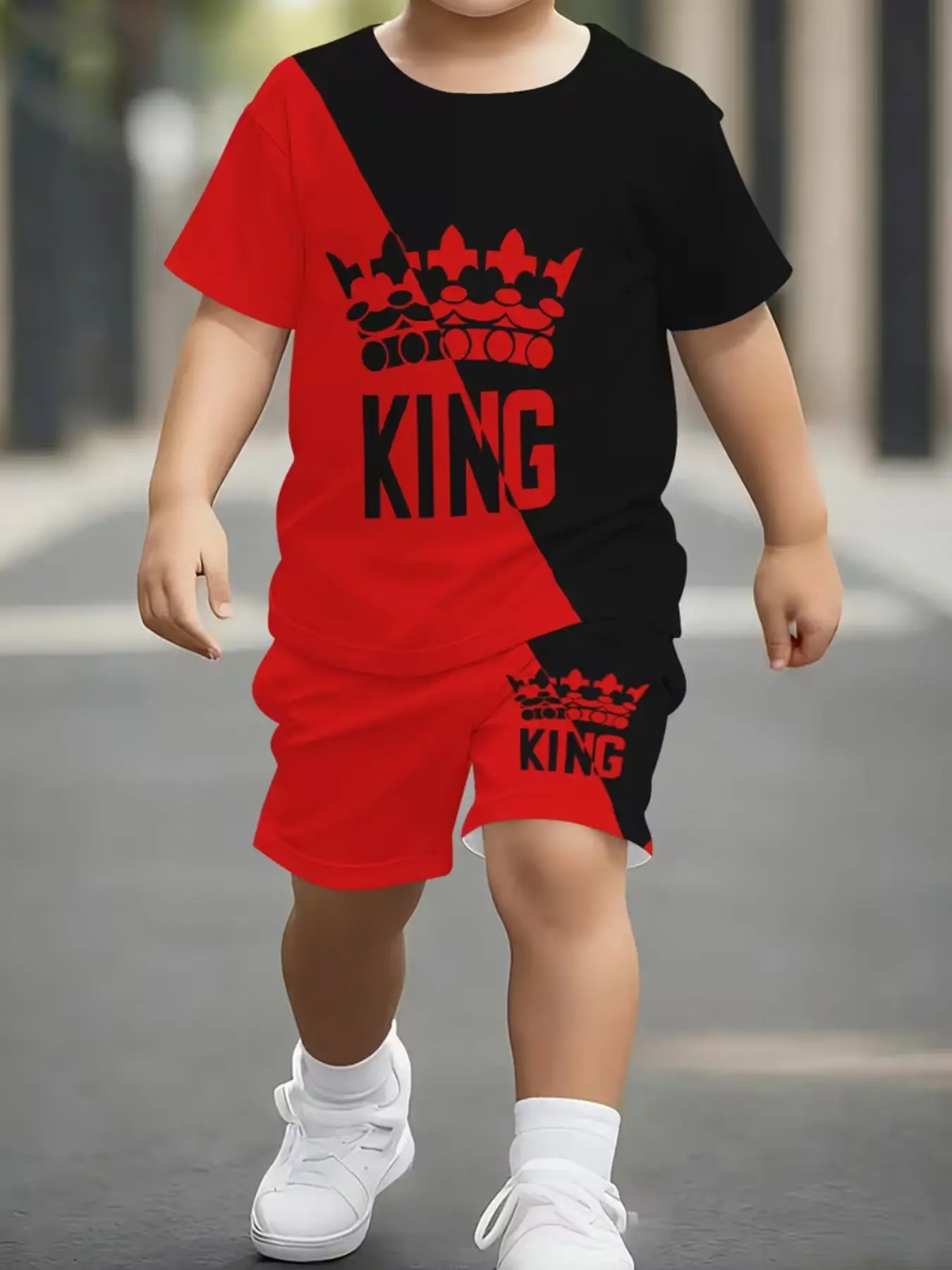 Diagonal Color Block King Crown Kids Two-Piece Set, Symmetrical Crown Letter Print, Boys' Summer Short Sleeve Shorts Set