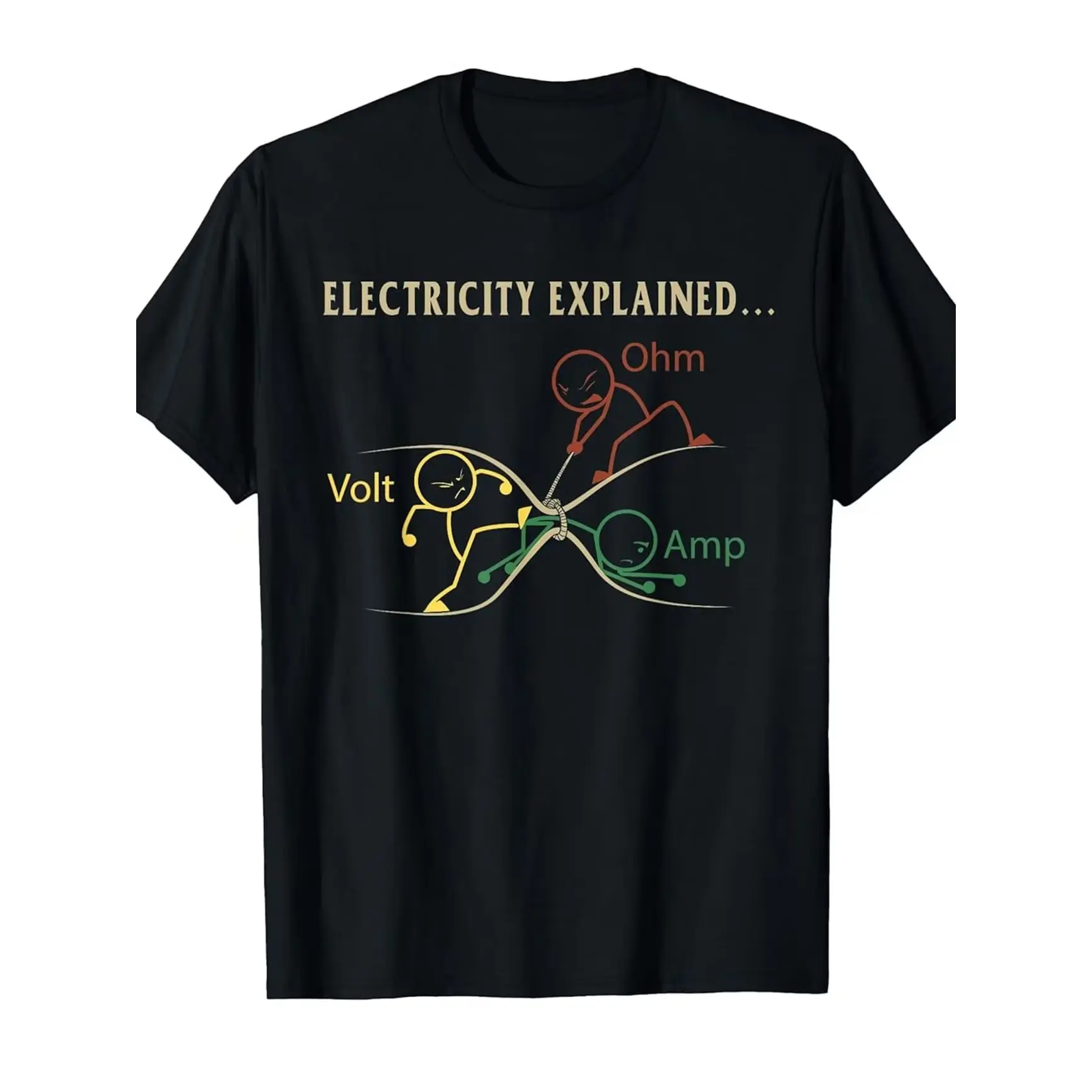 Electricity Explained Volt Ohm Amp Stick Figure Tug Of War Graphic Oversized Comfort Cotton T-Shirt, Cute Nerdy Science Outfit, Ideal Valentine Gift For Electrical Engineers, Best STEM Theme Holiday Present Fashion Tee