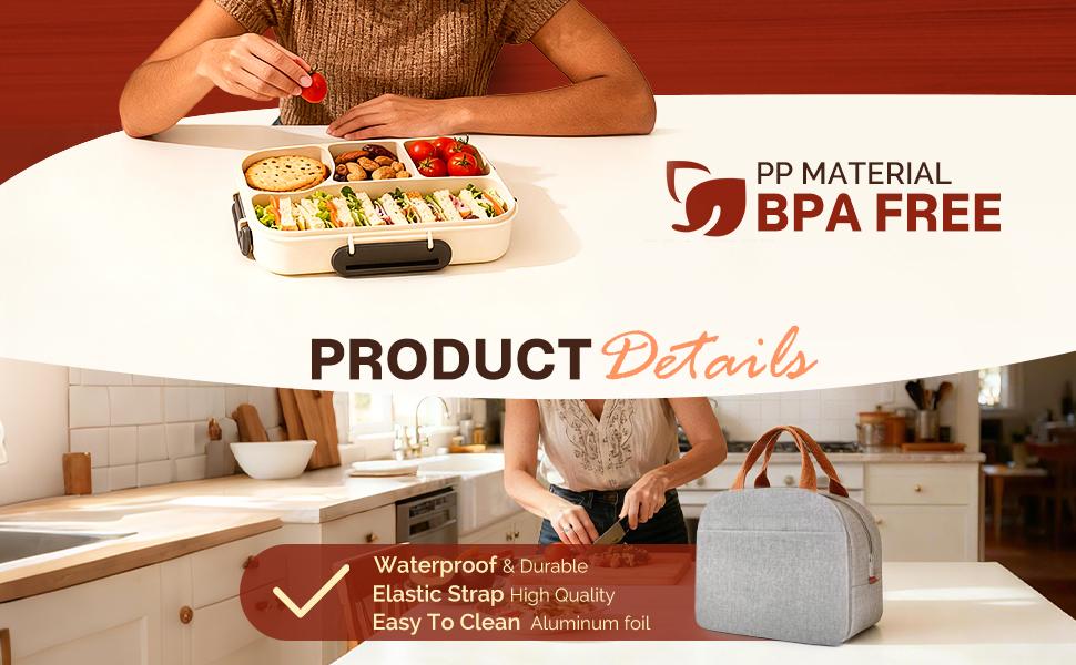 Bento Lunch Box Set Bento Box, 4-Compartment Lunch Containers,High Capacity Lunch Tote Bags for Work, Travel, Outdoor (Grey)