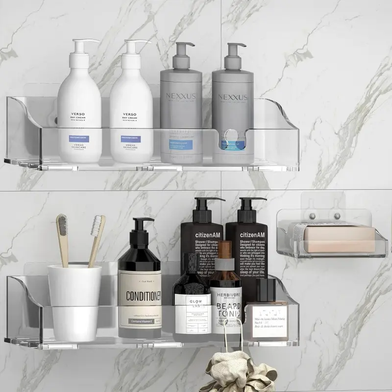 Acrylic Shower Shelves 3 Pack, Clear Adhesive Shower Caddy Organizer, Rustproof No Drill Wall Mount Bathroom & Kitchen Storage Rack