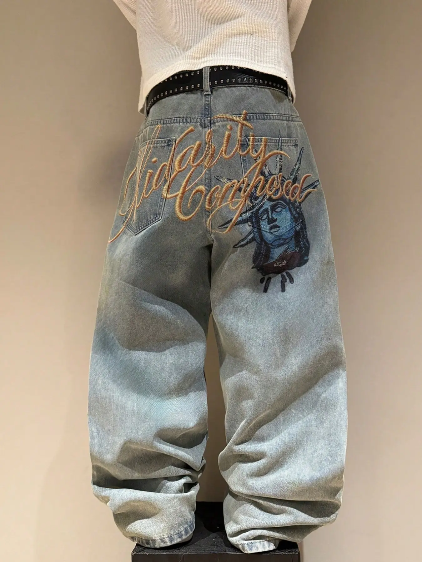Men's Cool Wide-Leg Jeans, Vintage Washed Blue Back Letter Print, Loose Fit Long Pants, All Seasons, No Belt Included