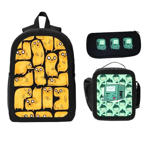 Adventure Time Cartoon Character 3-Piece Backpack Set - Jake The Dog & B-MO, Geometric Color-Fast Printing, Insulated Lunch Bag, Pencil Case for Active Teenagers, Back to School Haul, Daily School-Life Use