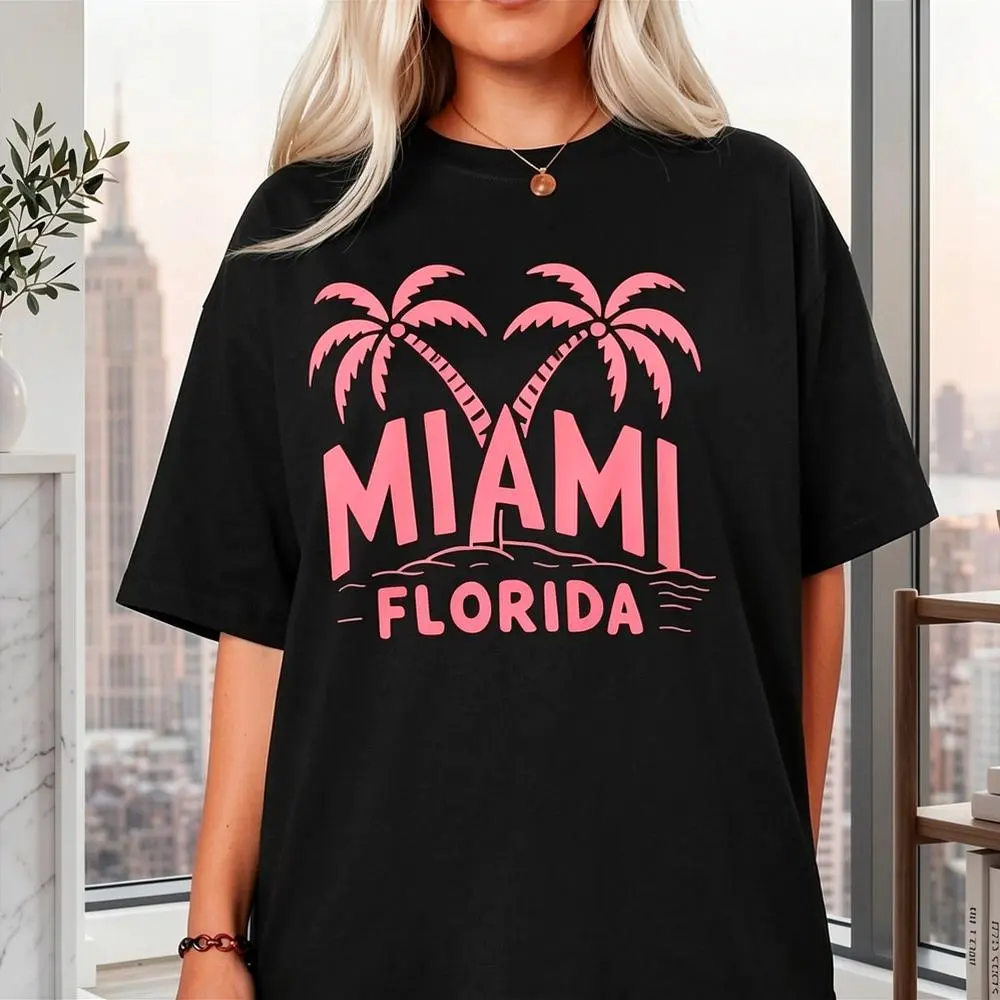 Palm Tree Miami Florida Print T Shirt Women Casual Short Sleeve Top Summer Beach Style Graphic Tee