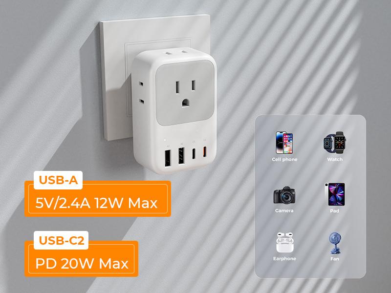 Type F Plug Adapter 2 Pack, PD 20W South Korea Outlet Adapter with 4 AC Outlets 4 USB Ports (2 USB C), Type E Power Adaptor for US to Europe Spain Germany France Iceland Greece Russia Norway