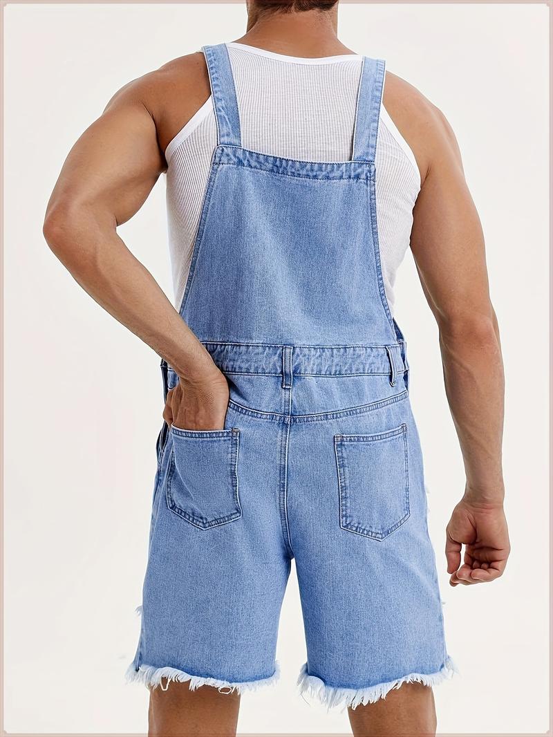 Runcati Men's denim shorts bib overall jean romper, offering a casual loose fit with buttoned pockets, perfect for summer wear as a comfortable and stylish jumpsuit.