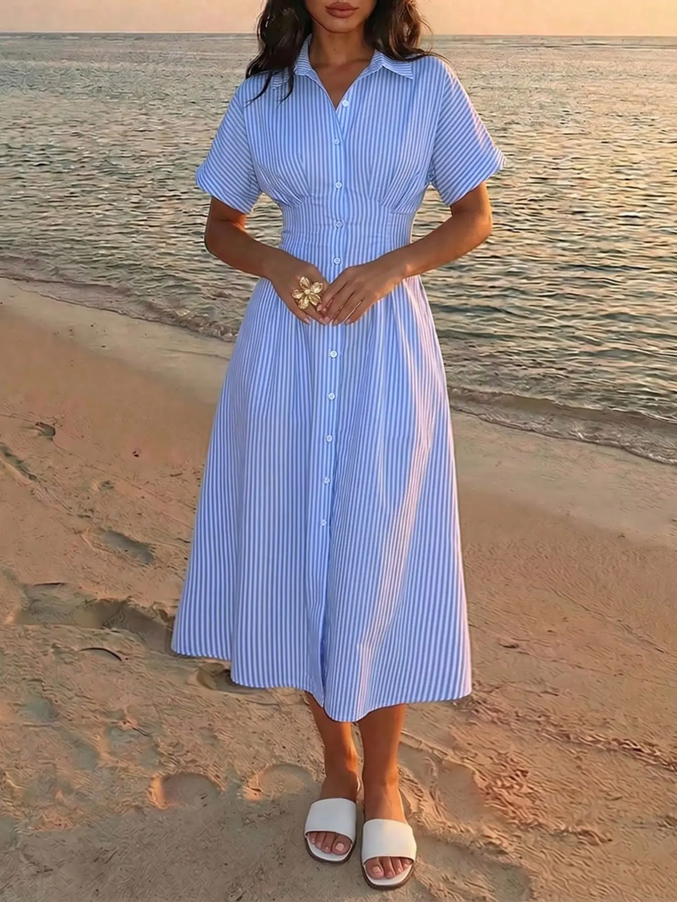 Blue Striped Shirt Dress Women Lapel Collar Button Front Short Sleeve High Waist A Line Midi Dress Boho Casual Elegant Beach Vacation Summer Dress Elegant Chic Loose Fit Flowy Sundress