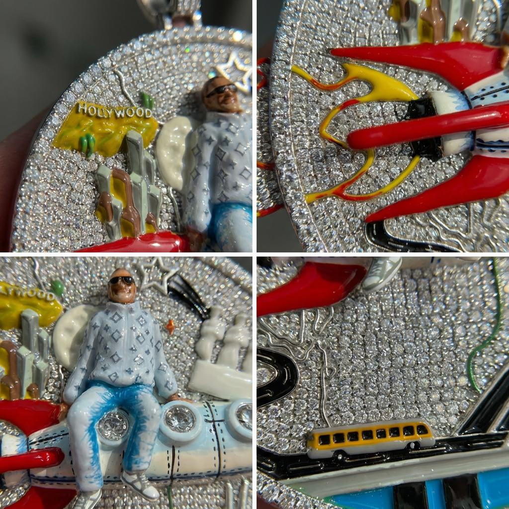 Huge Iced Out 3D Rocket Man Enamel Medallion Pendant, Colorful Cityscape Hip Hop Statement Jewelry, 925 Silver Tone with 4mm Rope Chain