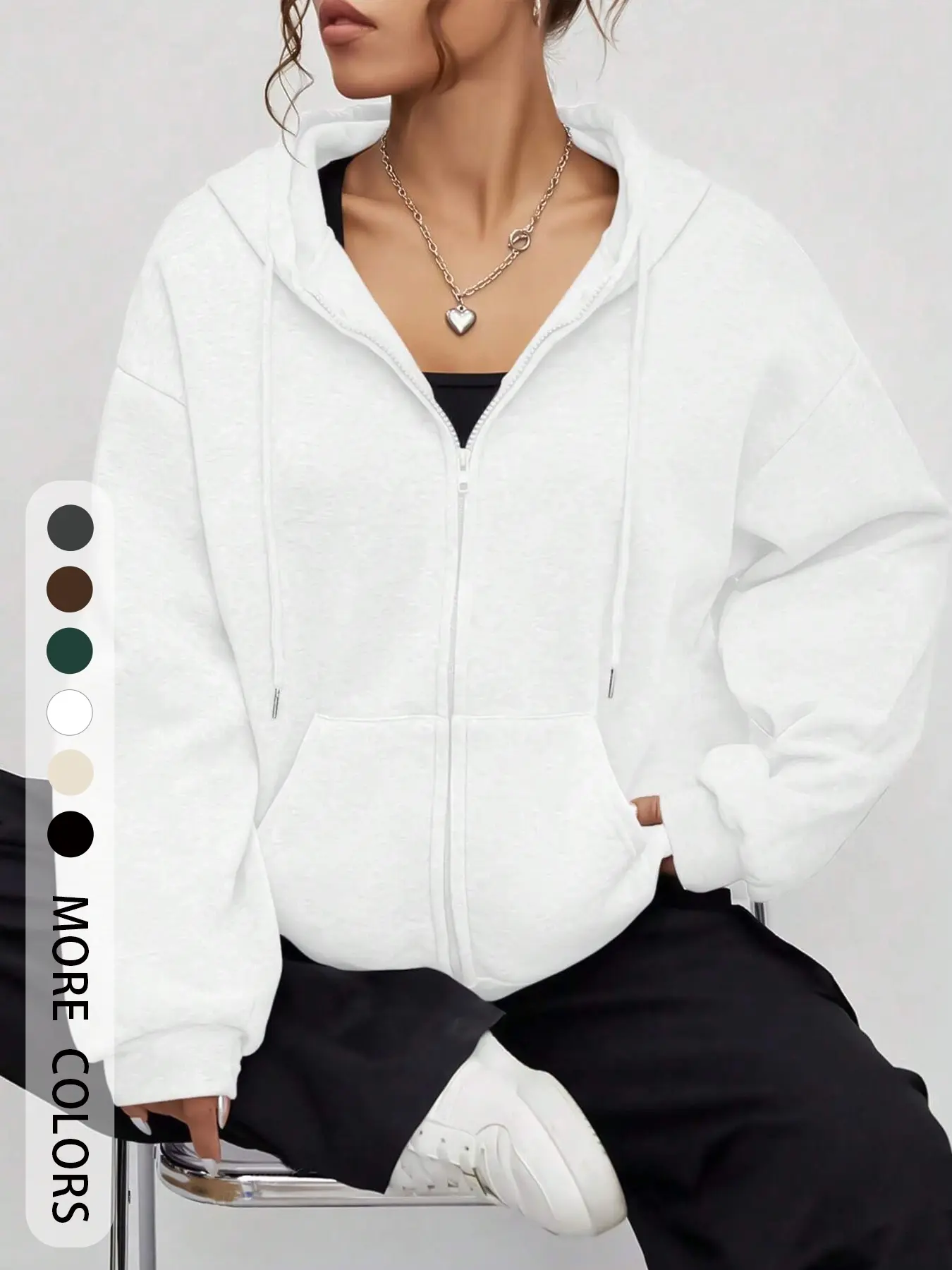 Women's Solid Color Drawstring Zipper Cardigan, Pocket Design, Casual Loose-Fitting Long Sleeve Hoodie Sweatshirt for Fall & Winter