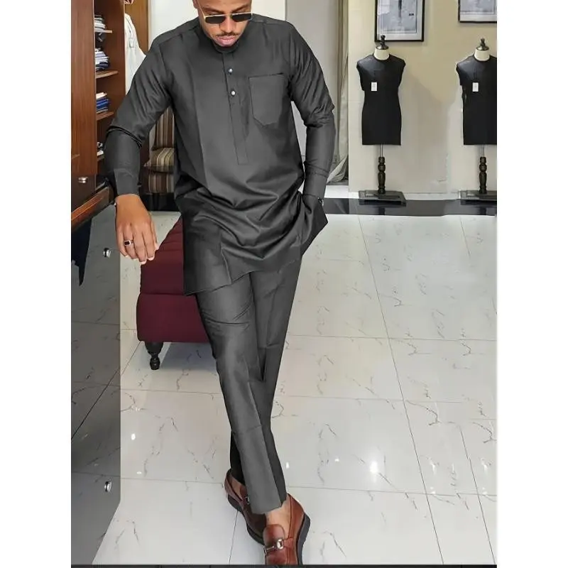 Men's Dashiki 2Pcs Suit Set Long Sleeve Round Neck Shirt Elastic Pants African Large Size Casual Formal Wedding Wear Gray Spandex Menswear