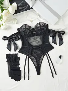 Women's sexy hollow lace spliced sheer 3-piece lingerie set, underwire Waist Bodysuit with a pair of stockings and transparent straps, ideal for private parties rave outfit lenceria sexi mujer rave outfit